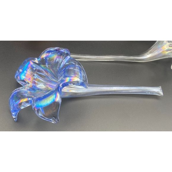 Tiger Lily Flower Vase Art Glass Laying Down 8” Hand Blown Iridescent Set Of 3 - Picture 5 of 8
